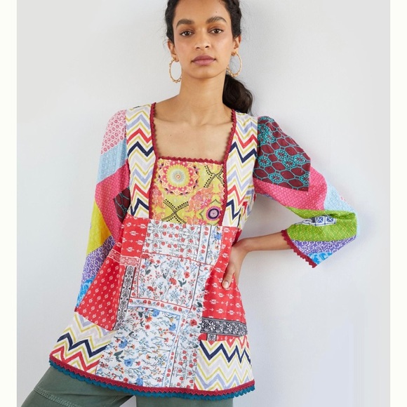 Anthropologie Tops - Anthropologie Let Me Be Patchwork Babydoll Blouse, Size 6